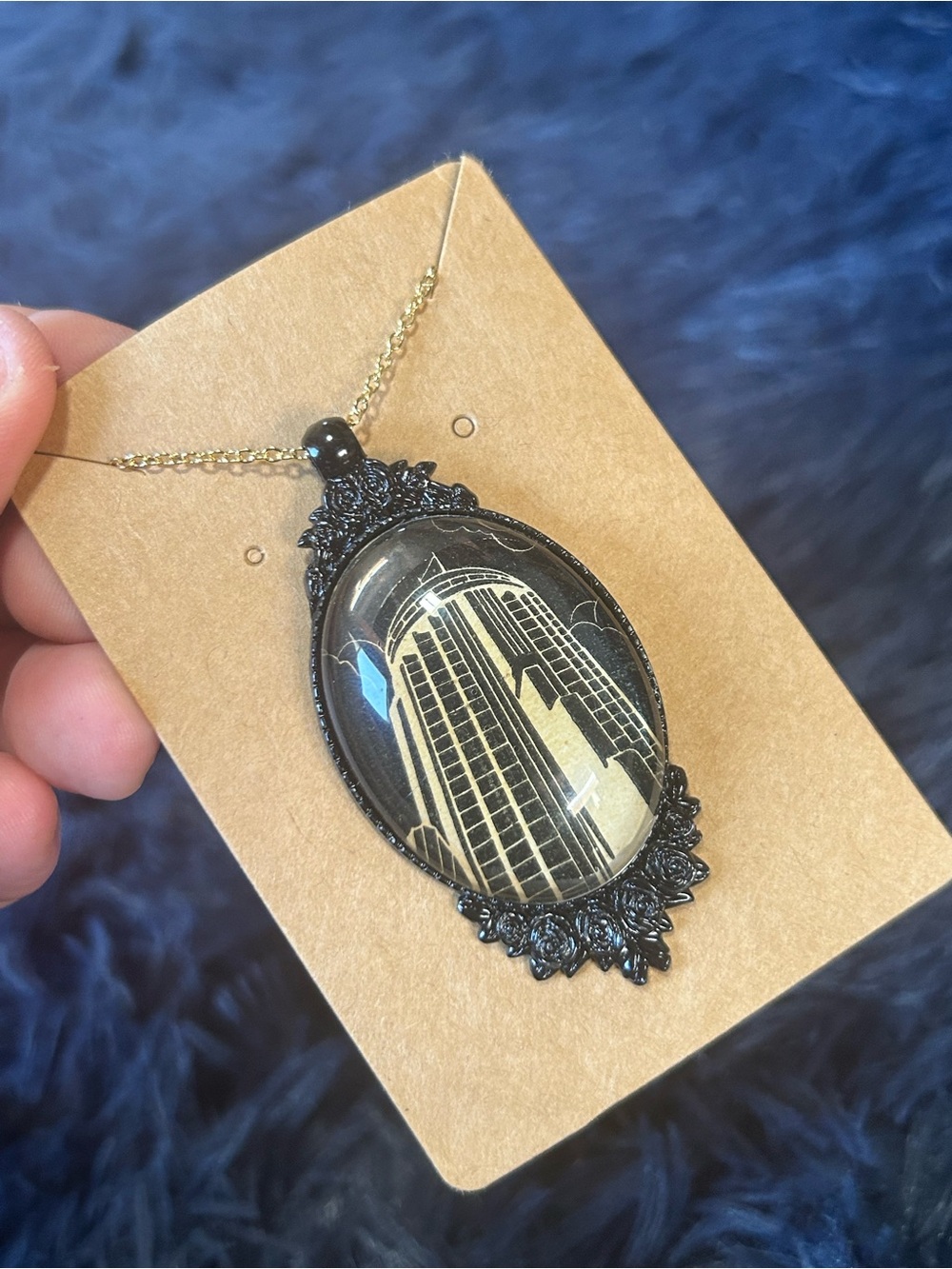 Handcrafted rare 1930s Empire State Building matchbook cameo pendant necklace